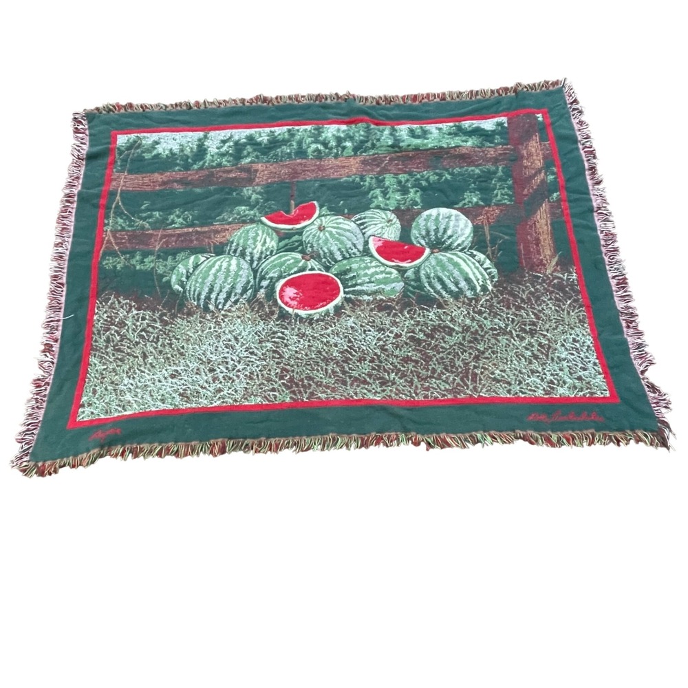 Bob Timberlake Watermelon Patch Woven Tapestry Throw Blanket Fringed Green Red